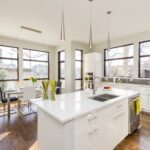 interior shot of a modern house kitchen with large windows